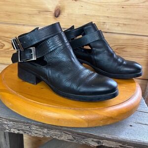 Zara Basic Black Leather Cutout Buckle Strap Ankle Boots Low Block Heel Size 39